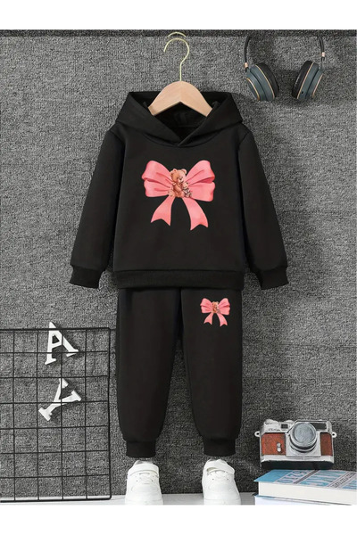 ARP MODA PEMBE RENK AYICIK KURDELE BASKILI ÇOÇUK ALT ÜST EŞOFMAN TAKIMI