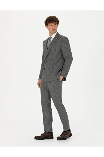Pierre Cardin Kruvaze Çizgili Füme Ekstra Slim Fit Takım Elbise 50278192-VR058