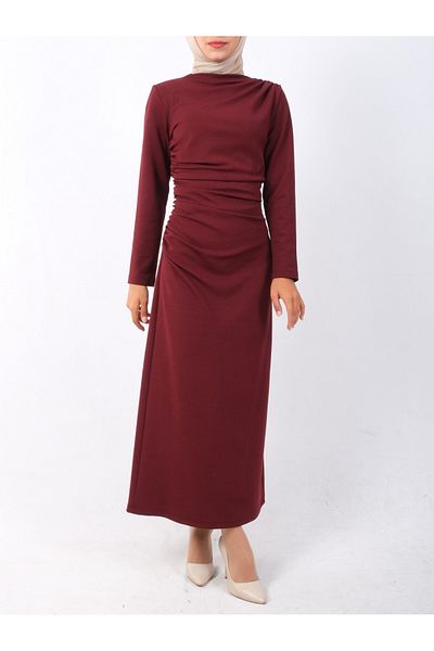 Modamorfo Boat Neck Side Draped Knitted Crepe Dress - Burgundy