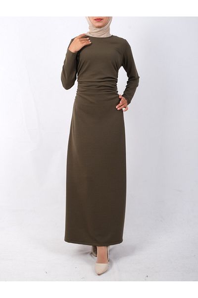 Modamorfo Gestricktes Krepp-Lycra-Kleid mit Kordelzug an der Taille – Khaki