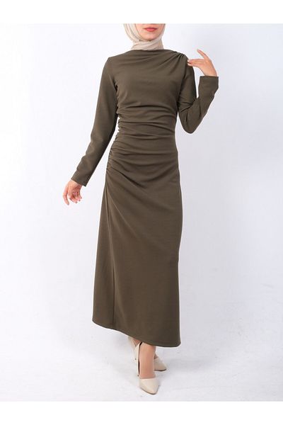 Modamorfo Boat Neck Side Drape Πλεκτό Κρεπ Φόρεμα -χακί