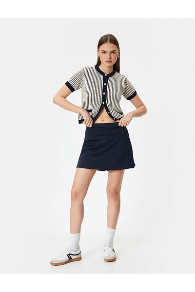 Koton Short Sleeve Short Cardigan Gold Buttoned Pocket Crew Neck