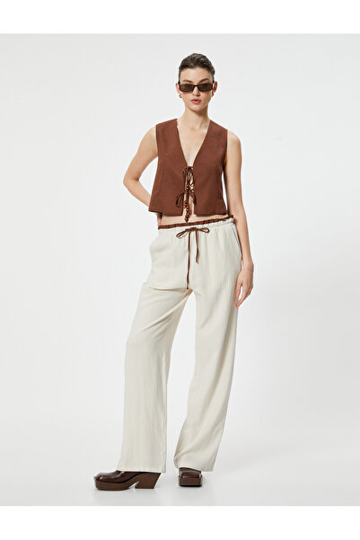 Koton Keten Pantolon Renk Kontrastlı Beli Bağlamalı Cepli