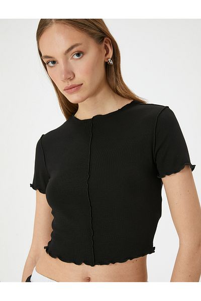 Koton Βισκόζη κοντό μανίκι με ραβδώσεις Crop T-Shirt - Crew Neck