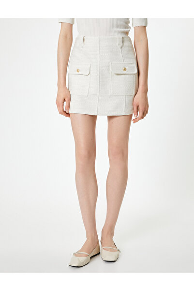 Koton Gold Buttoned Tweed Mini Skirt - Front Pocket Detail