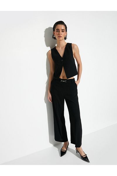 Koton Wide Leg Trousers Metal Belt Detailed Normal Waist