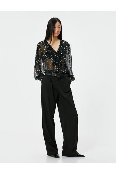 Koton Polka Dot Bluse Tüll Rüschen Schal Kragen Langarm