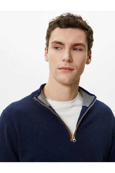 Koton Long Sleeve Slim Fit Sweater - Half Zipper and Elbow Detail