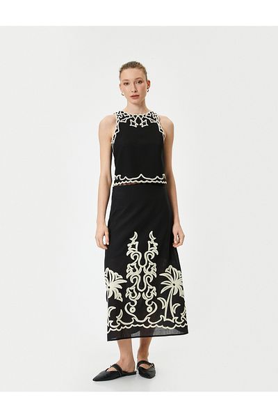 Koton Midi Skirt with Embroidery Detail Normal Waist