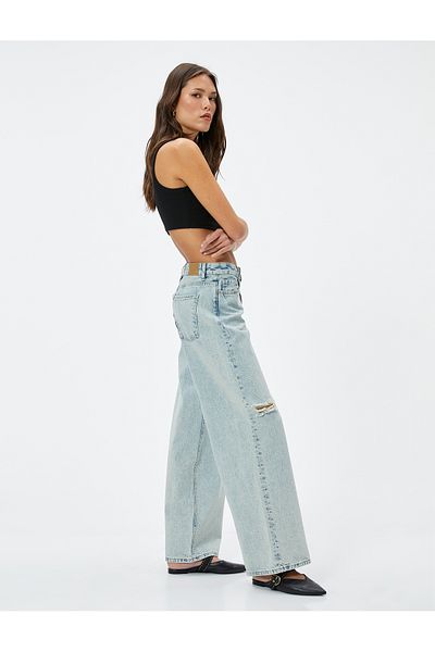 Koton Straight Wide Leg Low Waist Jeans Cotton with Frayed Pockets - Loose Straight Jeans