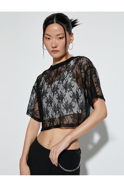 Koton Crop Lace T-Shirt Short Sleeve Crew Neck