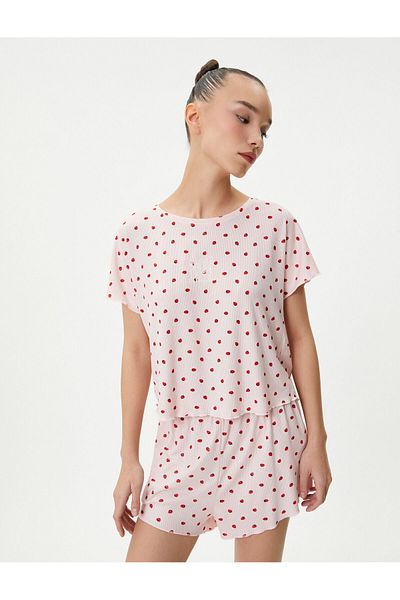 Koton Pyjama-Set mit Shorts Erdbeer-Print Kurzarm Rundhals Viskose