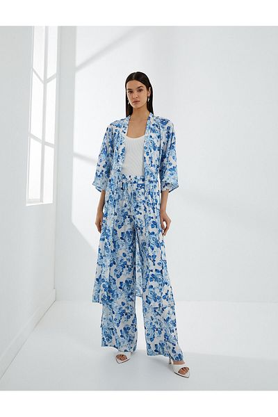 Koton Pantaloni cu picioare largi, talie florală, buzunare cu șireturi, viscoză
