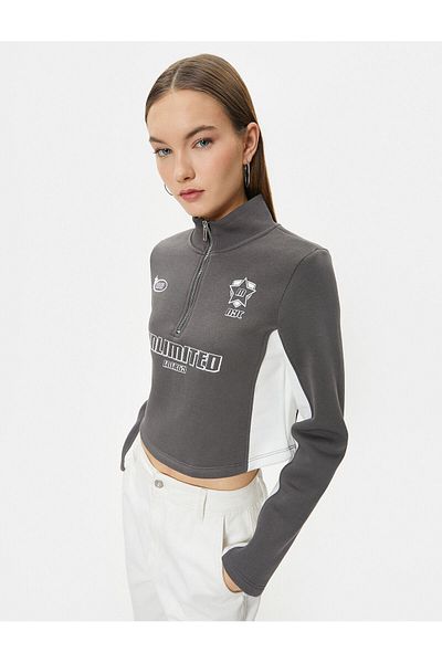 Koton Half Zippered Sweatshirt Crop Stand Collar Color Blocked