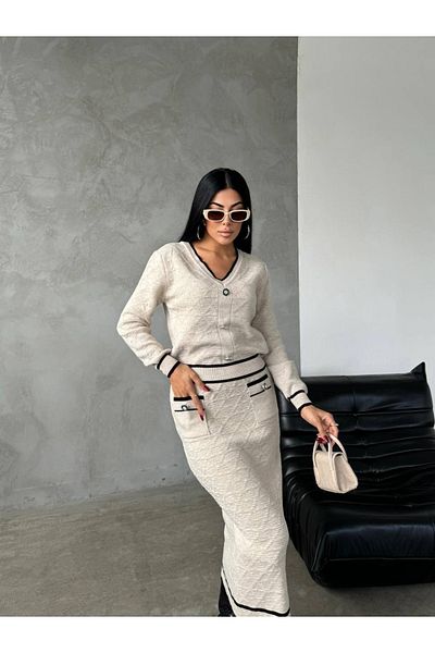 ABBA Knitwear V-Neck Patterned Pocket Detailed Double Set