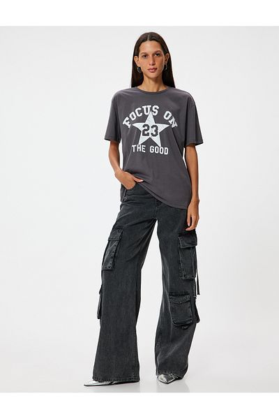 Koton College Printed Oversize Cotton T-Shirt - Crew Neck, Short Sleeve
