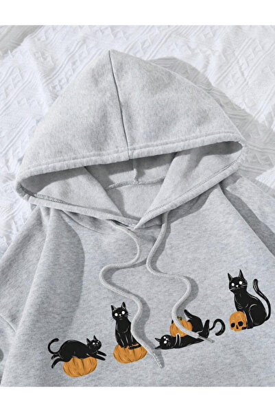 BOHEMGİYİM Szürke, 2 szálú macska nyomott pulóver kapucnis pulóver