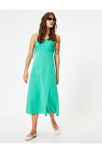 Koton Λινό Slim Fit Midi φόρεμα - Με τιράντες, λεπτομέρειες παραθύρου και γραβάτα