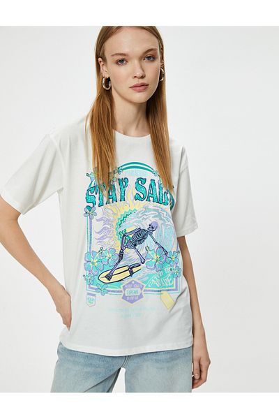 Koton Cotton Relax Fit Printed T-Shirt - Short Sleeve, Crew Neck