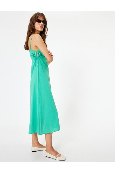 Koton Λινό Slim Fit Midi φόρεμα - Με τιράντες, λεπτομέρειες παραθύρου και γραβάτα