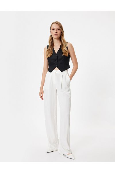 Koton V-Neck Linen Crop Vest - Buttoned and Lined