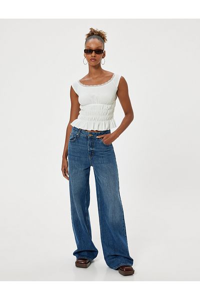 Koton Madonna Collar Off-The-Shoulder Blouse Wrapped Lace Detail Short Sleeve Drawstring Waist