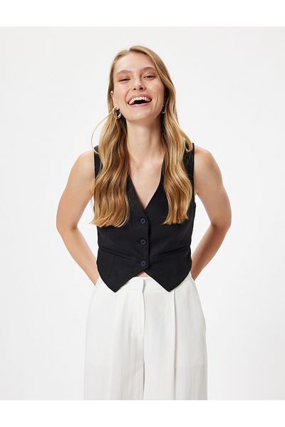 Koton V-Neck Linen Crop Vest - Buttoned and Lined