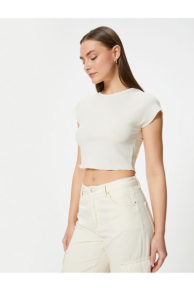 Koton Textured Short Sleeve Crop T-Shirt - Crew Neck