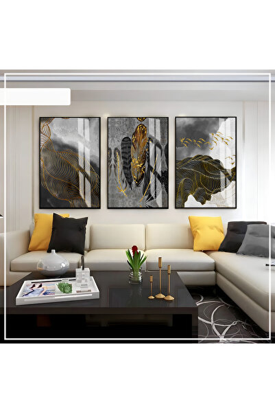 Harika bir ev Hari̇kabi̇rev | Gray-Black-Gold Soft Color Abstract Set 04 | Fr...