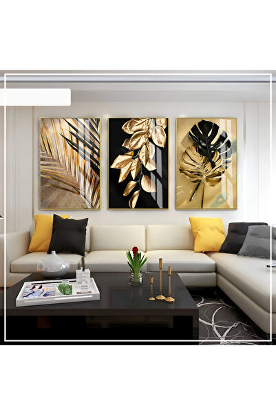Harika bir ev Hari̇kabi̇rev | Black -Gold Color Leaf Set 01 | Framed Glass Ta...