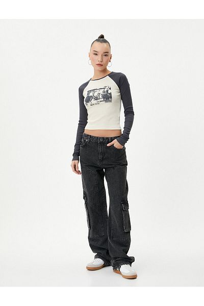 Koton Printed Crop T-Shirt Color Block Long Sleeve Crew Neck Ribbed Cotton