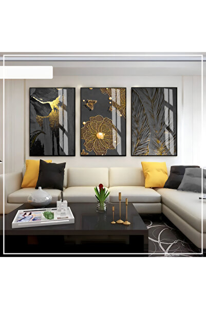 Harika bir ev Hari̇kabi̇rev | Black-Gold-Gray Abstract Set 01 | Framed Glass ...