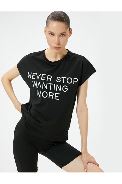 Koton Slogan Themed Crew Neck Sports T-Shirt - Long Sleeveless and Comfortable Fit