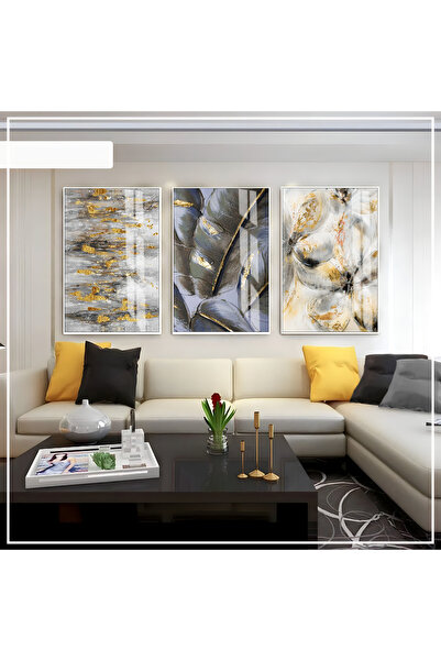 Harika bir ev Hari̇kabi̇rev | Black-Gold-Gray Abstract Set 04 | Framed Glass ...