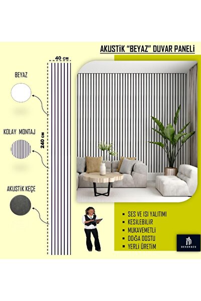 Home ACS 40x240 Beyaz Renk Akustik Ahşap Duvar Paneli