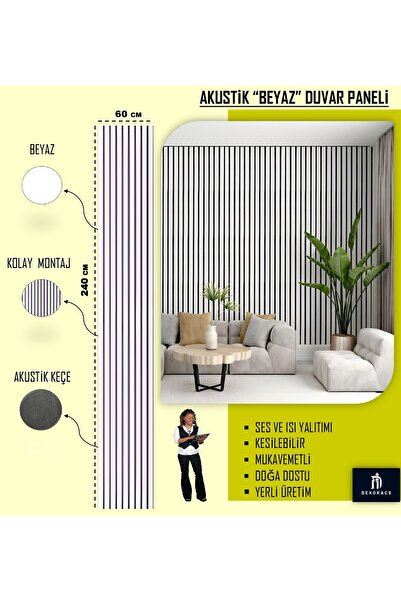 Home ACS 60x240 Beyaz Renk Akustik Ahşap Duvar Paneli