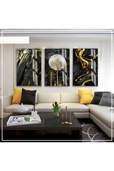 Harika bir ev Hari̇kabi̇rev | Black -Gold Color Abstract Set 03 | Framed Glas...