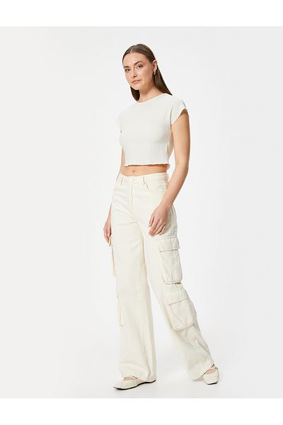 Koton Textured Short Sleeve Crop T-Shirt - Crew Neck