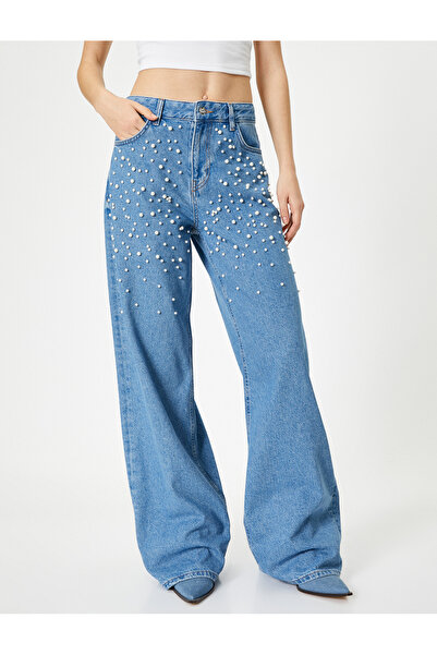 Koton Jeweled Jeans széles lábú zseb standard derék - Bianca széles lábú farmer