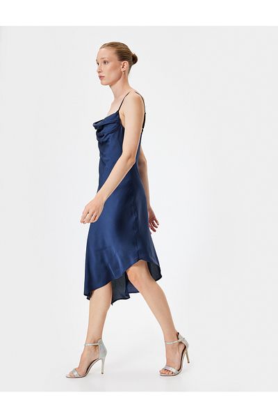 Koton Βραδινό φόρεμα Midi Satin με σχοινί - Γιακάς Degaje και ασύμμετρο κόψιμο