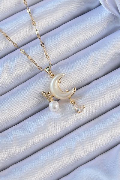 Skygo 316L Steel Chain Gold Color Zircon Stone Butterfly Enamel Moon Necklace - Tj-Bko9093