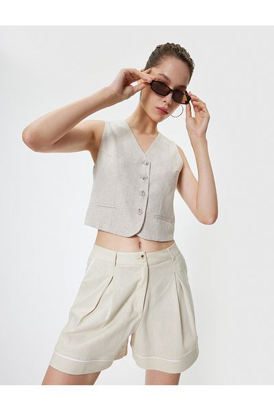 Koton Linen Blended Mini Shorts - Layered Leg, Pleated Pocket Detail, Buttoned
