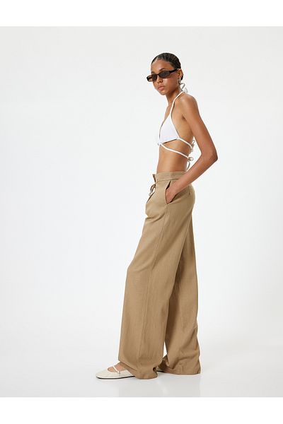 Koton Leinenmischung - Hose mit weitem Bein, Taschen und Schnürdetail