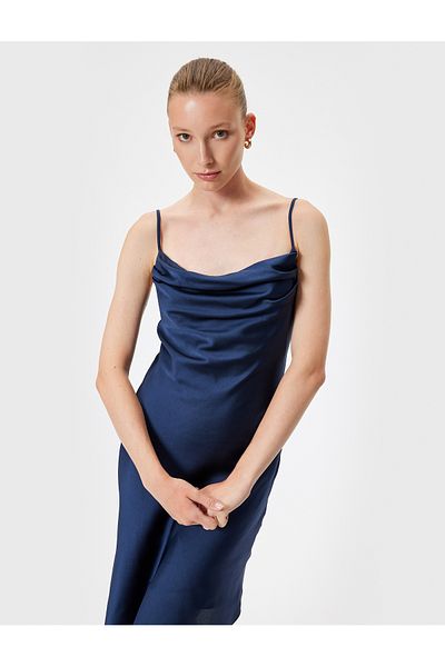 Koton Βραδινό φόρεμα Midi Satin με σχοινί - Γιακάς Degaje και ασύμμετρο κόψιμο