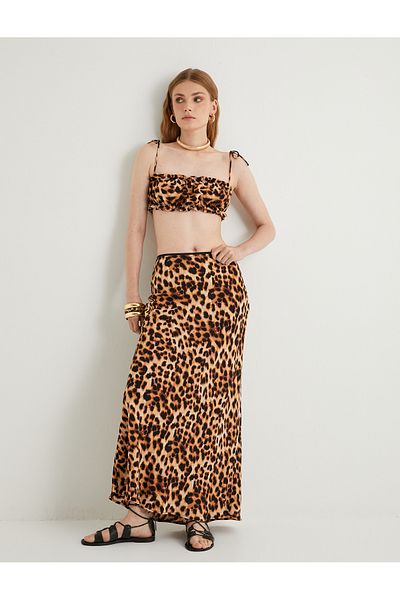 Koton Fustă midi din viscoză cu model leopard cu talie înaltă