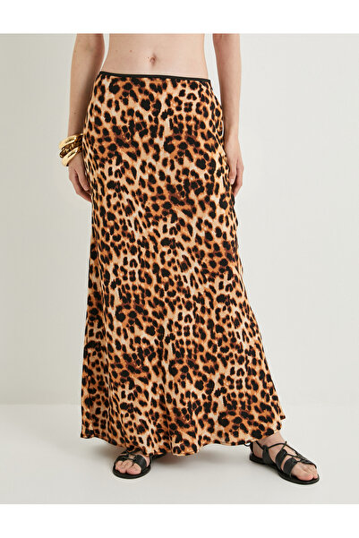 Koton Midi Leopar Desenli Etek Yüksek Bel Viskoz Kumaş