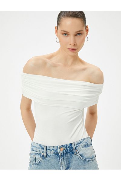 Koton Viskoses, schulterfreies Slim-Fit-T-Shirt – Drapiertes Detail