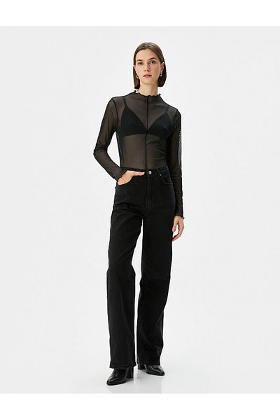 Koton Transparent Tulle T-Shirt Long Sleeve High Collar