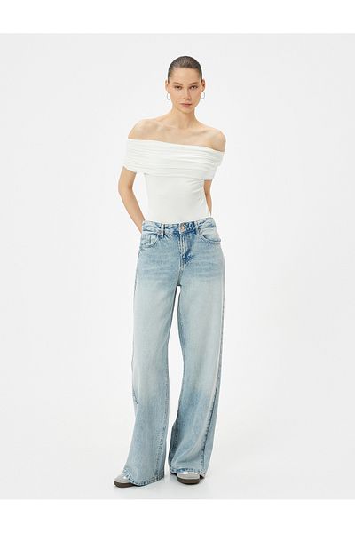 Koton Viskoses, schulterfreies Slim-Fit-T-Shirt – Drapiertes Detail