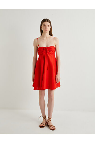 Koton Minikleid aus Leinenmischung – mit dünnen Trägern zum Binden und drapiertem Inhalt